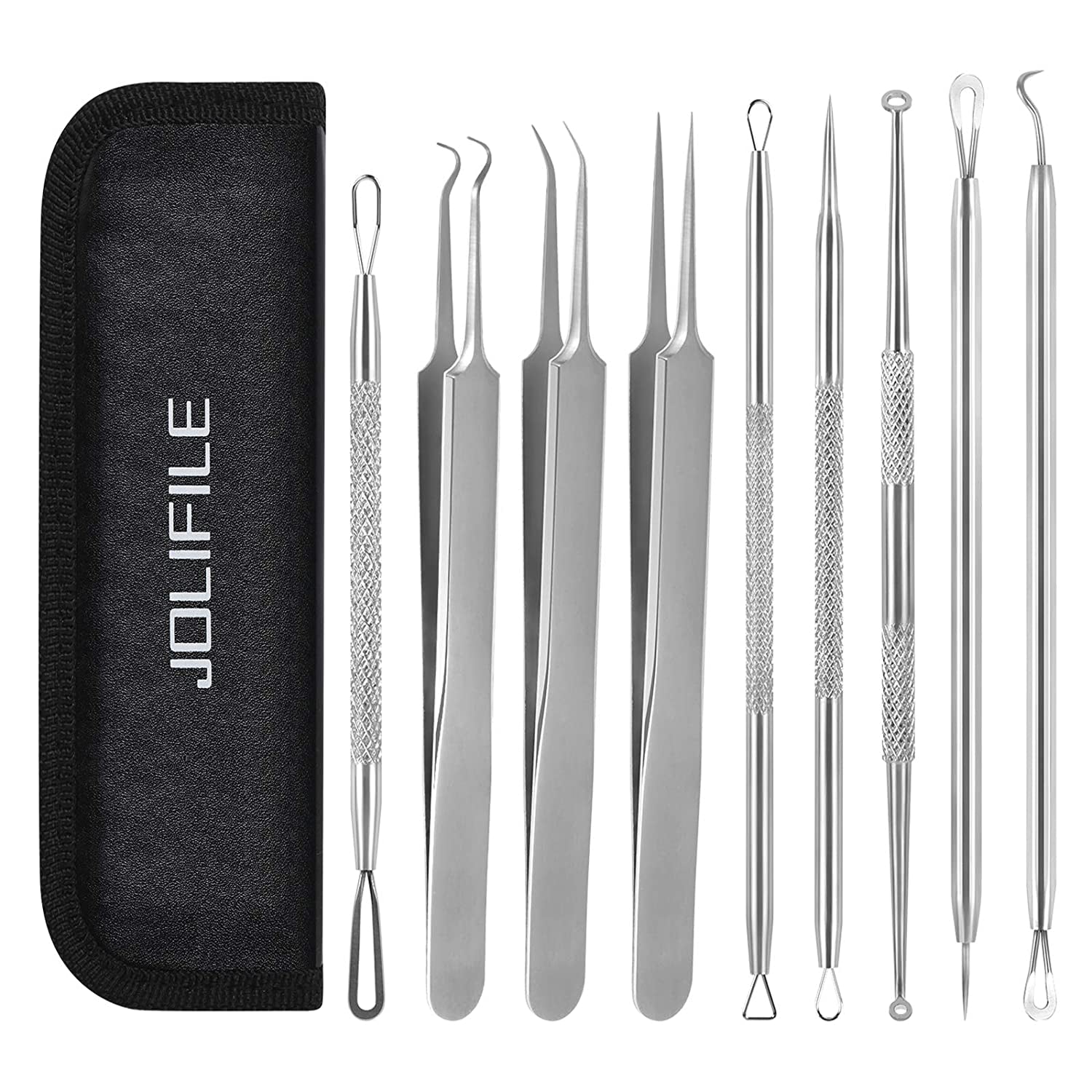 Blackhead Remover Tool,Jolifile 7Pcs Pimple Popper Tool Kit, Acne Extractor Tools with Tweezers,Removal Whitehead Comedone Tool Set for Facial Nose Care-Black Health & Beauty > Personal Care > Cosmetics > Cosmetic Tools > Skin Care Tools JOLIFILE 9pcs-Upgrade  