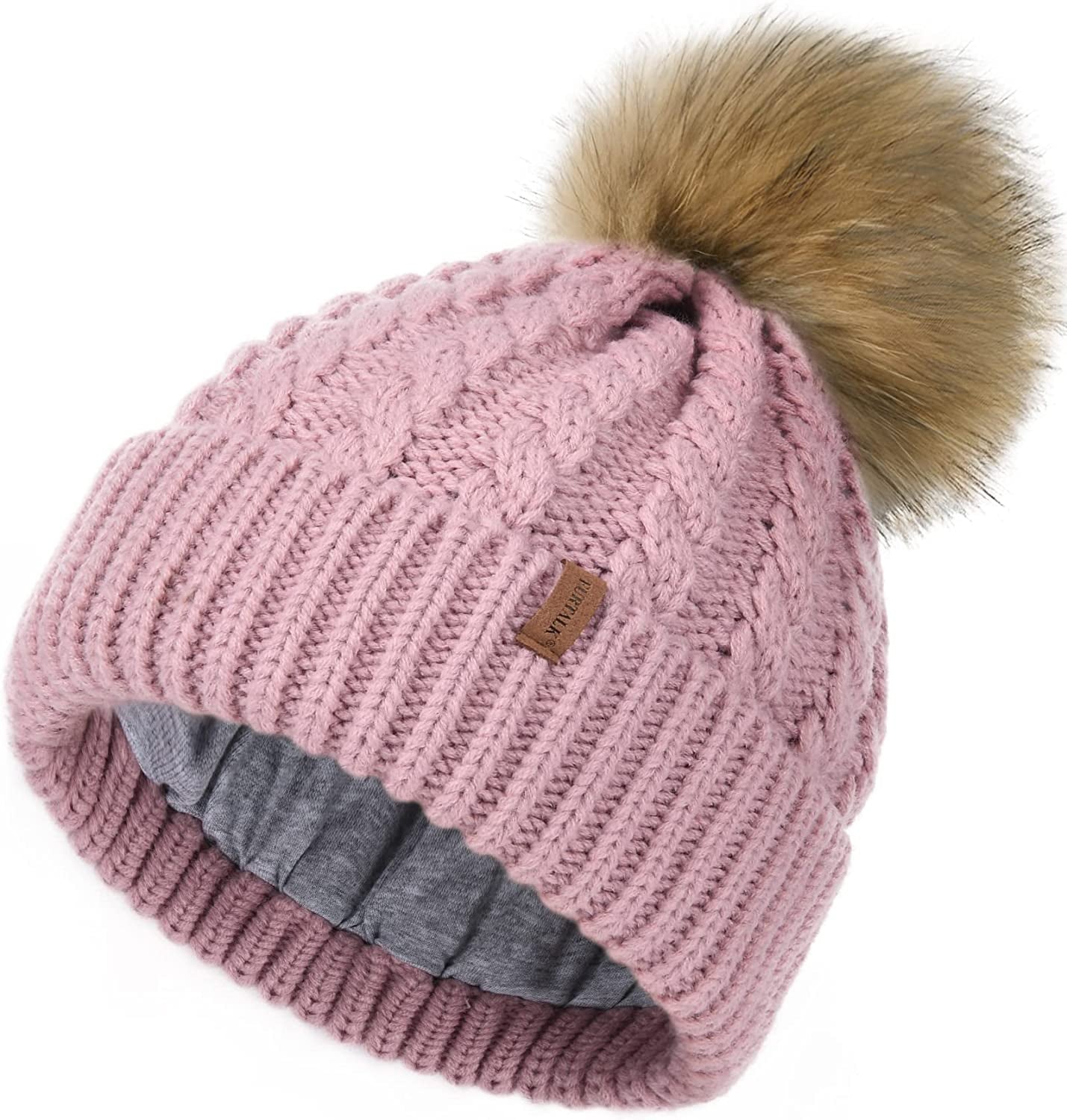 FURTALK Winter Beanie Hat for Women Cotton Lined Faux Fur Pom Pom Hats Womens Warm Thick Knit Skull Cap Apparel & Accessories > Clothing Accessories > Hats KYLIE MAX 11 Pink One Size 