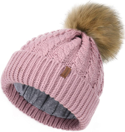 FURTALK Winter Beanie Hat for Women Cotton Lined Faux Fur Pom Pom Hats Womens Warm Thick Knit Skull Cap Apparel & Accessories > Clothing Accessories > Hats KYLIE MAX 11 Pink One Size 