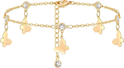 Gold Dainty Anklet,14K Gold Plated Boho CZ Star Beach Cute Pig Nose Tassel Disc Foot Chain Ankle Bracelet Lace Chain Anklet for Women… Apparel & Accessories > Jewelry > Anklets Mevecco Tassel butterfly  