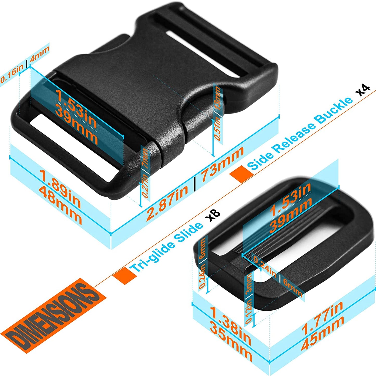 Buckle for Strap 1.5": Side Release Buckles Plastic Clips 4 Set + Tri-Glide Slide 8 Pcs Fit 1 1/2 Inch Wide Nylon Straps Webbing Belt, Heavy Duty Replacement for Backpack, Dual Adjustable No Sewing Apparel & Accessories > Clothing Accessories > Belt Buckles LASIGHT   