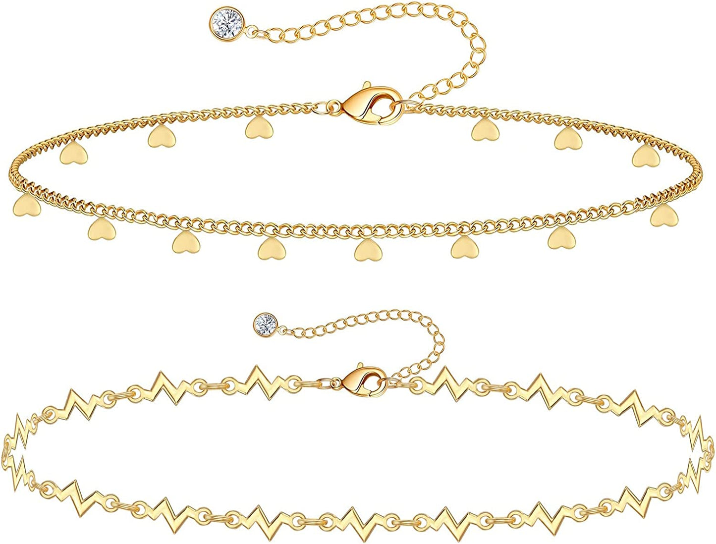 Gold Ankle Bracelets for Women 14K Gold Plated Anklet Silver Tennis Rose Quartz Cross Bead Herringbone Snake Paperclip Chain Cubic Zirconia Dainty Layered Anklet Set 3Pcs Apparel & Accessories > Jewelry > Anklets WeSparking ZJ-Yellow Gold-Heart Chain  