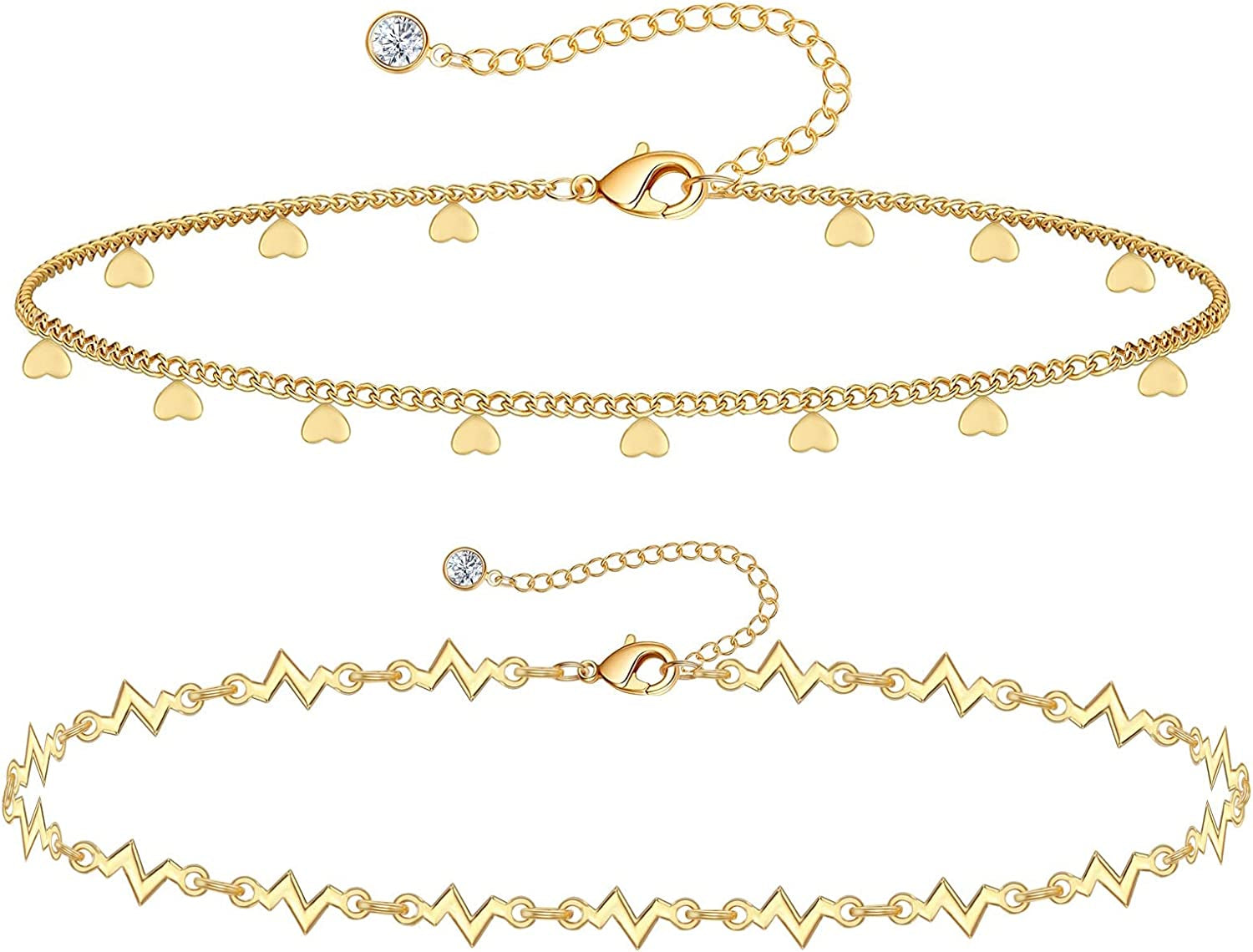 Gold Ankle Bracelets for Women 14K Gold Plated Anklet Silver Tennis Rose Quartz Cross Bead Herringbone Snake Paperclip Chain Cubic Zirconia Dainty Layered Anklet Set 3Pcs Apparel & Accessories > Jewelry > Anklets WeSparking ZJ-Yellow Gold-Heart Chain  