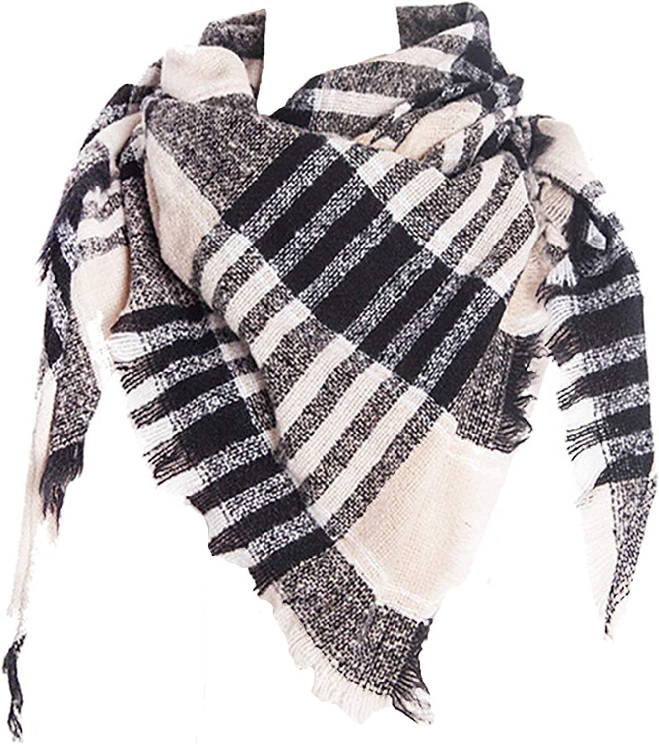Wander Agio Womens Warm Scarf Triangle Shawls Winter Scarves Stripe Plaid Fichu Rough Surface Apparel & Accessories > Clothing Accessories > Scarves & Shawls Wander Agio Plaid Beige 16  