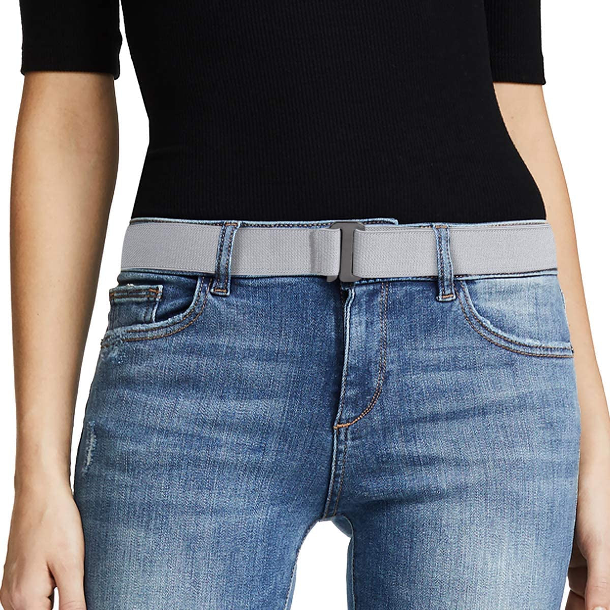 JASGOOD Women No Show Stretch Belt Invisible Elastic Web Strap Belt with Flat Buckle for Jeans Pants Dresses Apparel & Accessories > Clothing Accessories > Belts KYLIE MAX K-grey-guncolor Buckle Suit for US Size 0-16 