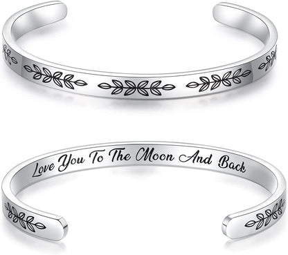 Aryahozel Motivational Cuff Bracelet for Women Girls, Personalized Jewelry Gifts for Her Daughter Mom Sister Niece Best Friends, Engraved Different Sayings Apparel & Accessories > Jewelry > Bracelets AryaHozel Women/girl Gift-Love you to the moon and back  
