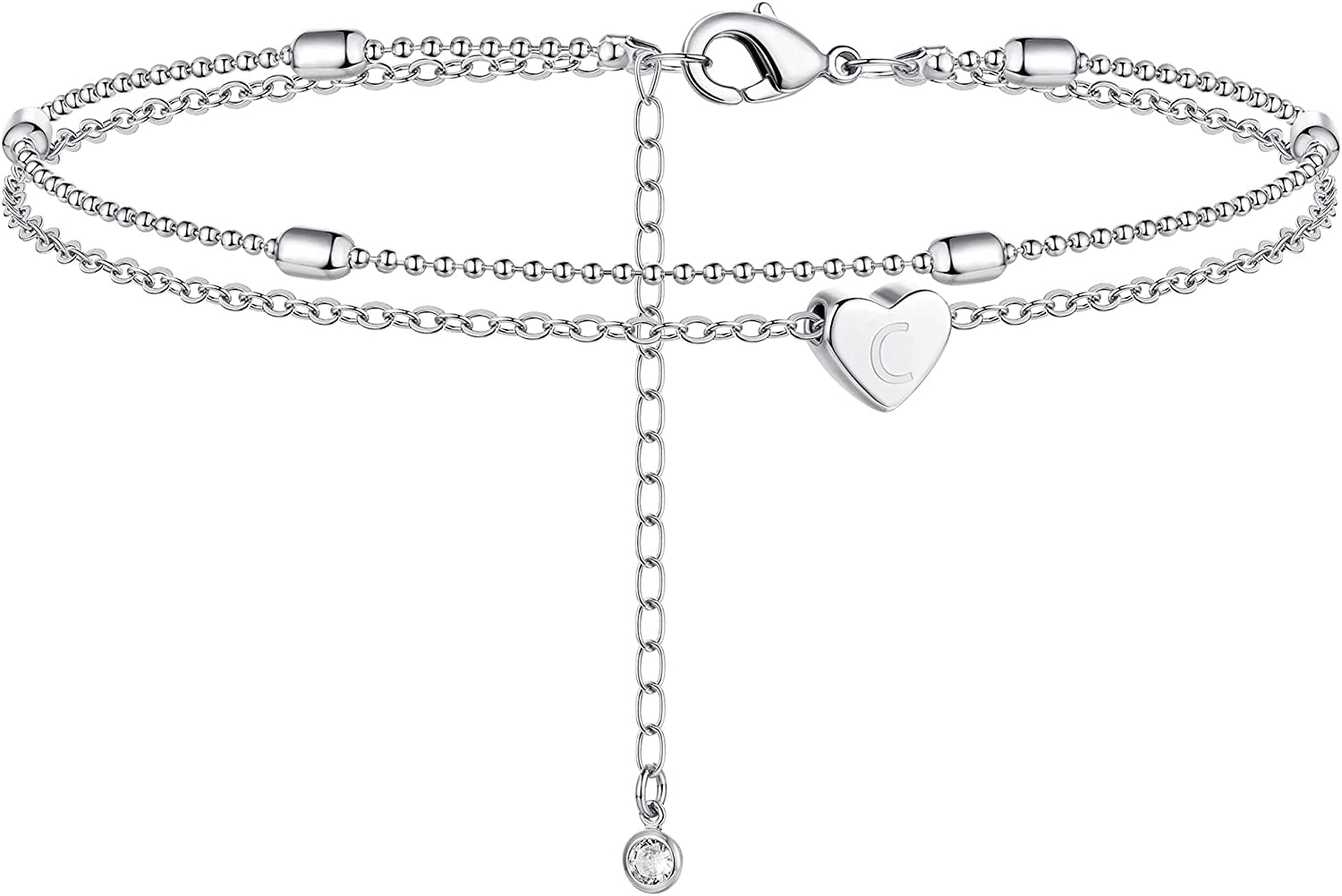 Moodear Silver Ankle Bracelets for Women, Sterling Silver Initial Anklet Layered Dainty Tiny Heart Charm Handmade Carved Alphabet A-Z Letter Ankle Bracelet Beaded Foot Chain Personalized Name Anklets Summer Cute Boho Beach Gift for Her Apparel & Accessories > Jewelry > Anklets Moodear Sterling Silver-C  