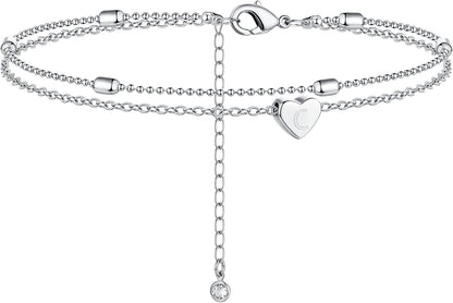 Moodear Silver Ankle Bracelets for Women, Sterling Silver Initial Anklet Layered Dainty Tiny Heart Charm Handmade Carved Alphabet A-Z Letter Ankle Bracelet Beaded Foot Chain Personalized Name Anklets Summer Cute Boho Beach Gift for Her Apparel & Accessories > Jewelry > Anklets Moodear Sterling Silver-C  
