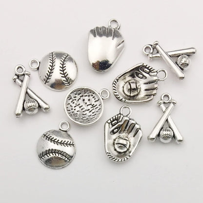 60PCS Baseball Charms Collection - Mixed Antique Silver Bat Glove Ballgame Sports Ball Softball Metal Alloy Pendants for Jewelry Making DIY Findings(Cfm130)