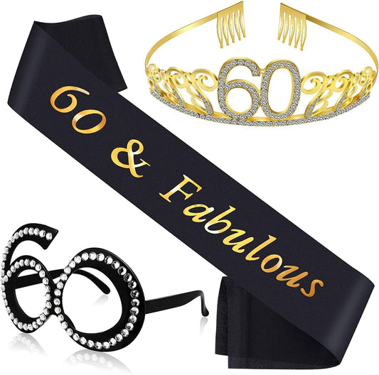 60Th Birthday Crown, Satin Sash and Crystal Frame Eyeglasses Set for 60Th Birthday Party Decorations Supplies Apparel & Accessories > Clothing Accessories > Sashes Snow Abonci   
