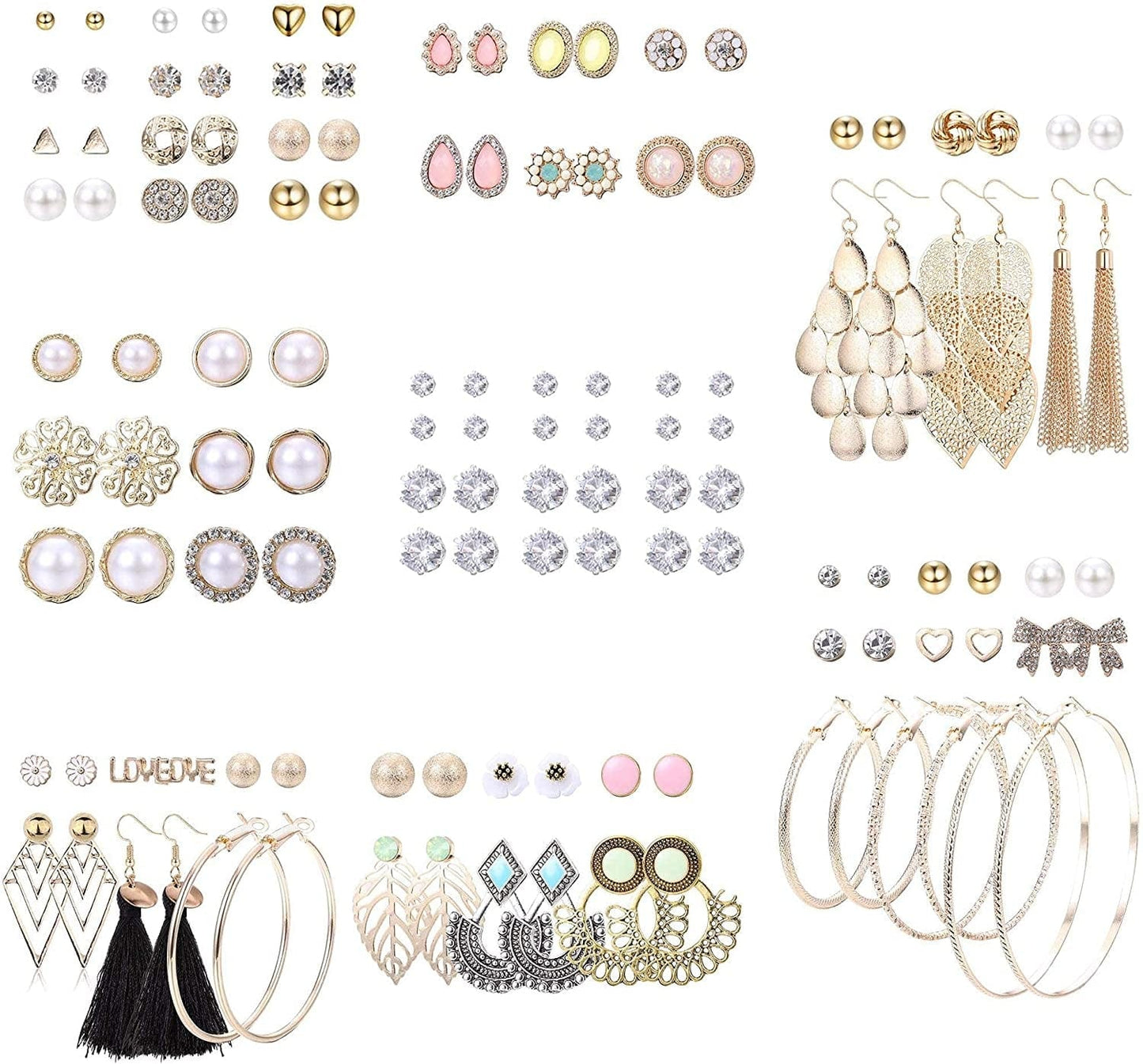 61-63 Pairs Assorted Multiple Stud Earrings for Women Simple Cute Flower Big Hoop Earrings Moon Geometric Leaf Arrow Bow CZ Ball Heart Faux Pearl Earrings Set