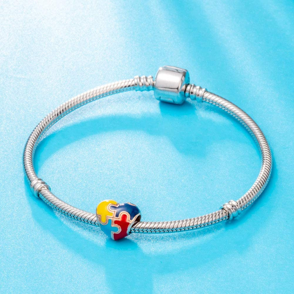 Autism Awareness Charm, Rose Gold Puzzle Pieces Charms, Fits DIY Snake Bracelet, 925 925 Sterling Silver Heart Beads Colorful Enamel Charms, Love Gifts for Women/Men/Girls/Boys Apparel & Accessories > Jewelry > Bracelets XIWEN   