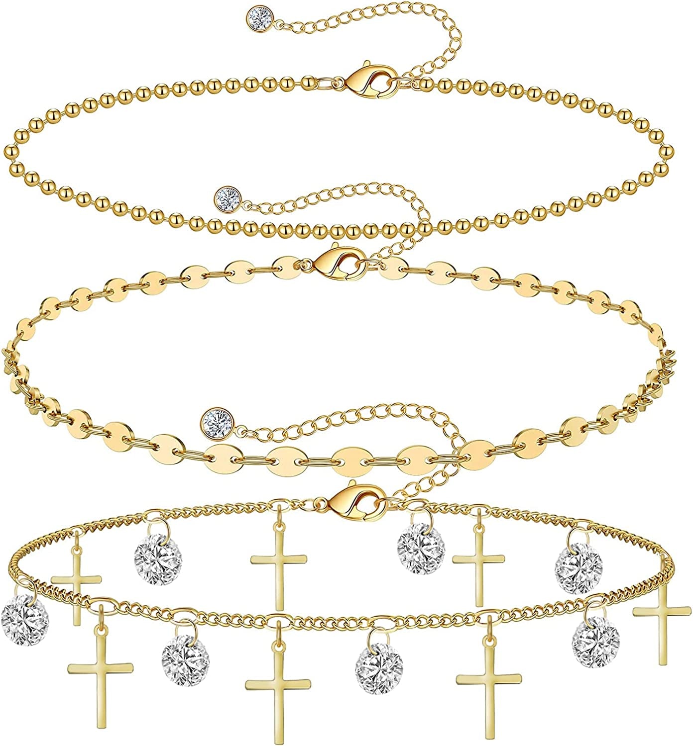 Gold Ankle Bracelets for Women 14K Gold Plated Anklet Silver Tennis Rose Quartz Cross Bead Herringbone Snake Paperclip Chain Cubic Zirconia Dainty Layered Anklet Set 3Pcs Apparel & Accessories > Jewelry > Anklets WeSparking J-Yellow Gold-Cross  