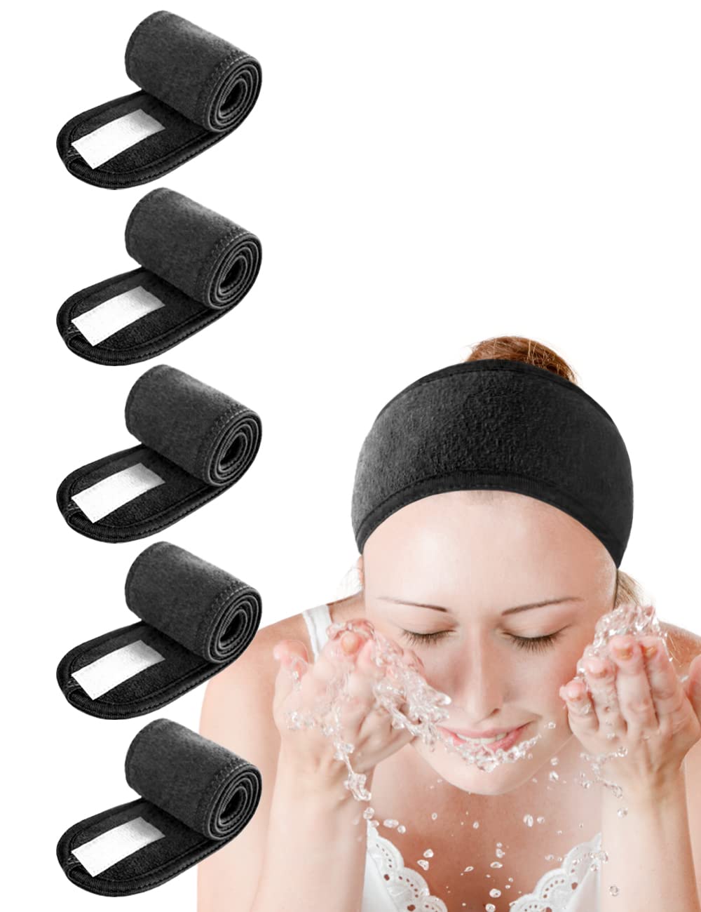 Spa Headband Hair Wrap EUICAE Sweat Headband Head Wrap Hair Towel Wrap Non-Slip Stretchable Washable Makeup Headband for Face Wash Facial Treatment Sport Fits All White (Mixed Color) Apparel & Accessories > Clothing Accessories > Bandanas & Headties EUICAE Black 5pcs  