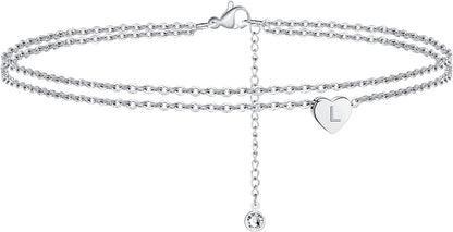 Turandoss Silver Heart Initial Ankle Bracelets for Women, 14K White Gold Filled Handmade Dainty Layered Silver Anklet Letter Initial Heart Ankle Bracelets for Women Silver Summer Foot Beach Jewelry Apparel & Accessories > Jewelry > Anklets Turandoss L  