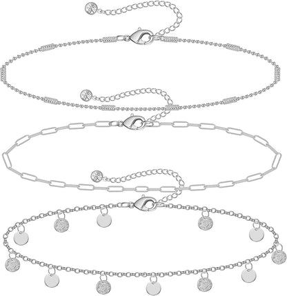 Gold Ankle Bracelets for Women 14K Gold Plated Anklet Silver Evil Eye Butterfly Star Rose Quartz Bead Box Paperclip Chain Dainty Layered Anklet Set 3Pcs Jewelry Gifts for Teen Girls Apparel & Accessories > Jewelry > Anklets Budding Gallery B-White Gold-Chain  
