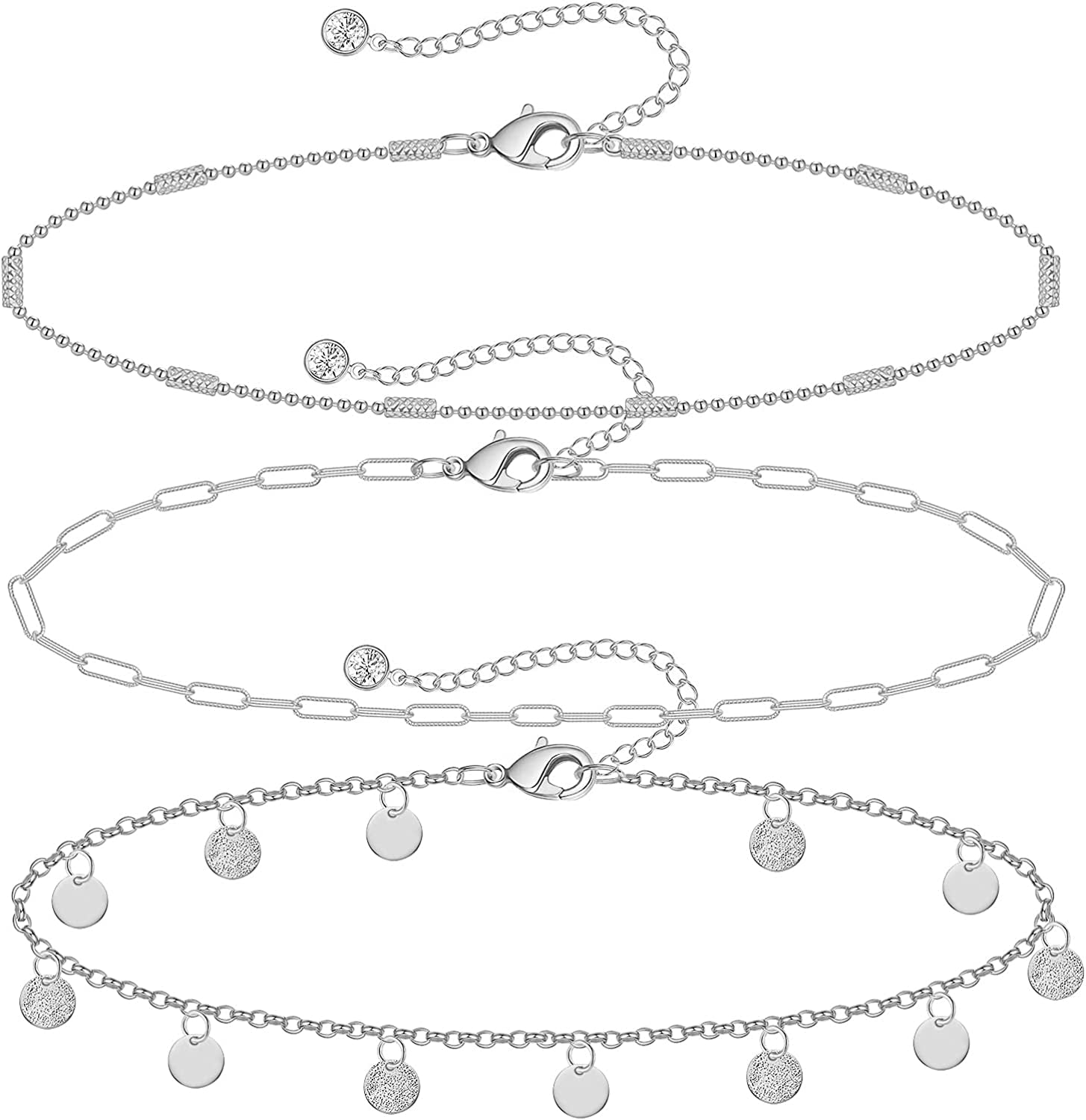 Gold Ankle Bracelets for Women 14K Gold Plated Anklet Silver Tennis Rose Quartz Cross Bead Herringbone Snake Paperclip Chain Cubic Zirconia Dainty Layered Anklet Set 3Pcs Apparel & Accessories > Jewelry > Anklets WeSparking Q-White Gold-Coin Chain  