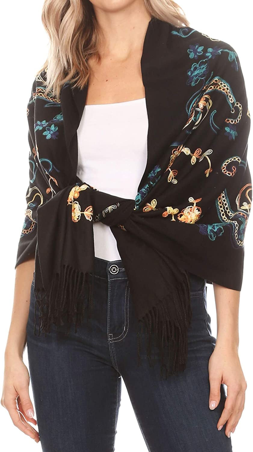 Sakkas Ginata Women'S Large Casual Super Soft Embroidery Scarf Shawl Wrap Stole Apparel & Accessories > Clothing Accessories > Scarves & Shawls Sakkas Blue Brown One Size Regular 