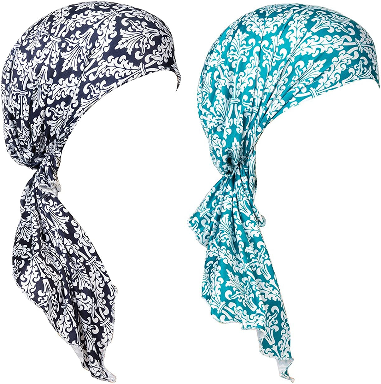 Summer Chemo Scarf Lightweight Silky Beanie Ruffle Cap Cancer Headwear for Womens Apparel & Accessories > Clothing Accessories > Headwear DancMolly Style 09, Print-black+cyan  