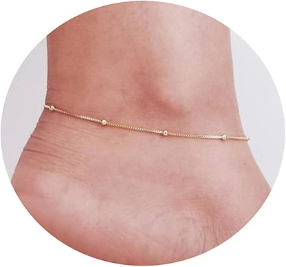 Kyerlyn Dainty Simple Chain Anklet for Women 18K Gold/Silver Plated Summer Beach Beaded Evil Eye Moon Figaro Butterfly Satellite Cuban Pearl Flat Marina Anklet Gift Apparel & Accessories > Jewelry > Anklets Kyerlyn Dainty Box Chain-GD  