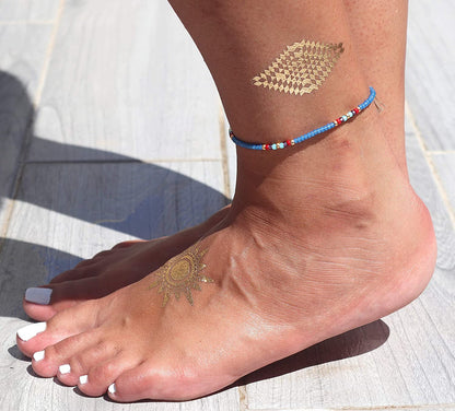 Beaded Anklet for Women, Unique Boho Bohemian Hippie Native American Beach Waterproof Anklet, Blue Gold Colorful, Handmade by Tribes Apparel & Accessories > Jewelry > Anklets Tribes by Sara K   