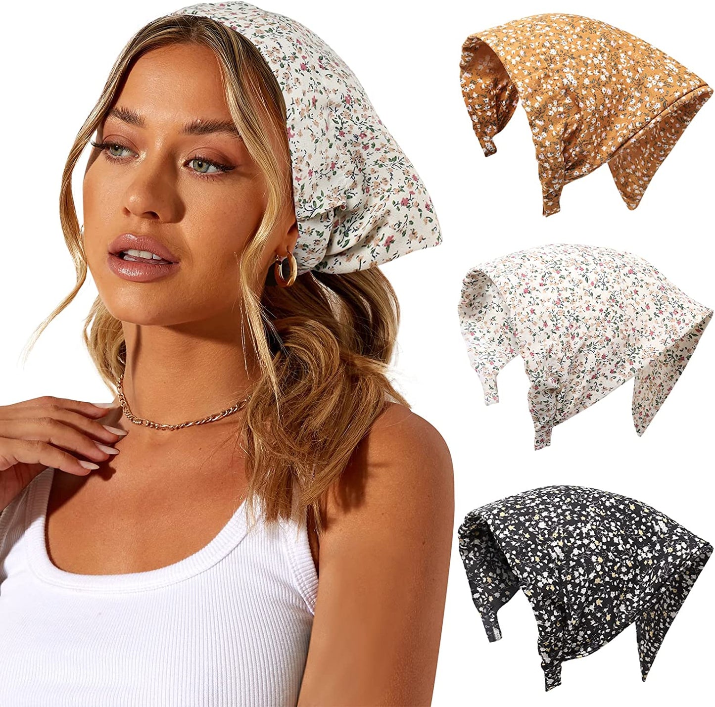 Floral Elastic Hair Scarf Headband - 3 PCS Chiffon Head Kerchief Headband Floral Hair Scarves with Hair Clips Hair Bandanas Apparel & Accessories > Clothing Accessories > Bandanas & Headties AWAYTR Floral(Yellow/Black/Beige)  