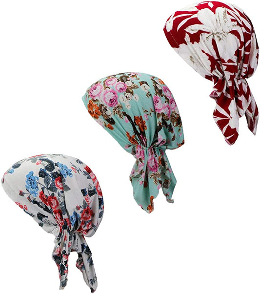 Pre Tied Chemo Head Scarf 3 Packed Beanie Skull Cover Cap for Women (Set6-Long Style) Apparel & Accessories > Clothing Accessories > Headwear Qovelly A4-floral-3 Packed  