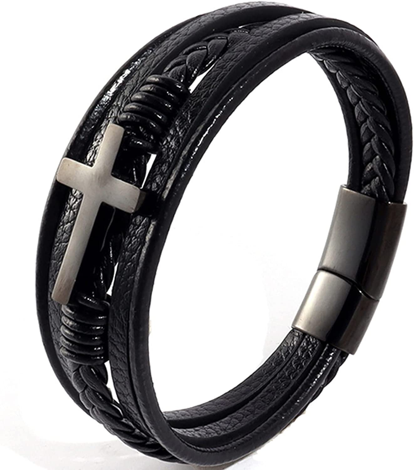 Stainless Steel Braided Leather Bracelet for Men Cuff Bangle Cross Magnetic Clasp 8.26 Inches Apparel & Accessories > Jewelry > Bracelets Generic 1-black  
