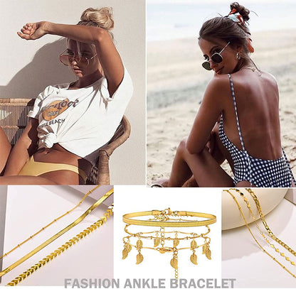 MEALGUET Women Gold Chain Anklet Bracelet : Stylish 18K Gold Plated Stainless Steel Minimalist Boho Style Layered Dainty Ankle Bracelet for Her, Summer Jewelry Gifts for Her Girl Apparel & Accessories > Jewelry > Anklets Mealguet   