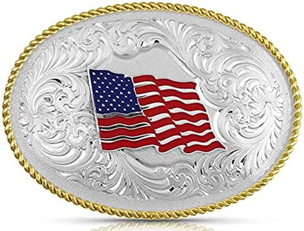 Montana Silversmiths Rope Trimmed Filigree Engraved Classic Western Buckle Apparel & Accessories > Clothing Accessories > Belt Buckles Montana Silversmiths American Flag Silver  