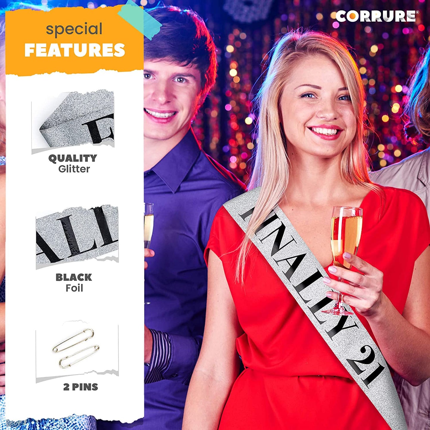 CORRURE 'Finally 21' Birthday Sash with Glitter - Silver Sash with Black Foil 21St Birthday Sash for Men and Women - Ideal Twenty One Sash Party Favors Supplies and Decorations for Your 21 Bday Party Apparel & Accessories > Clothing Accessories > Sashes CORRURE   