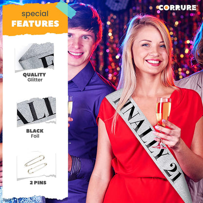 CORRURE 'Finally 21' Birthday Sash with Glitter - Silver Sash with Black Foil 21St Birthday Sash for Men and Women - Ideal Twenty One Sash Party Favors Supplies and Decorations for Your 21 Bday Party Apparel & Accessories > Clothing Accessories > Sashes CORRURE   