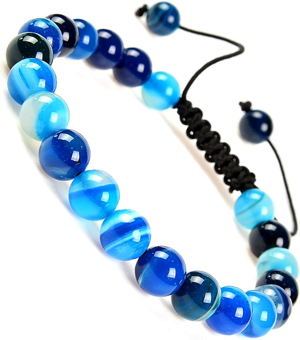 Massive Beads Natural Healing Power Gemstone Crystal Beads Unisex Adjustable Macrame Bracelets 8Mm Apparel & Accessories > Jewelry > Bracelets MASSIVE BEADS Agate Blue  