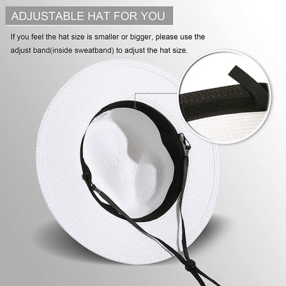 Lanzom Women Wide Brim Straw Panama Roll up Hat Belt Buckle Fedora Beach Sun Hat UPF50+ Apparel & Accessories > Clothing Accessories > Hats Lanzom   
