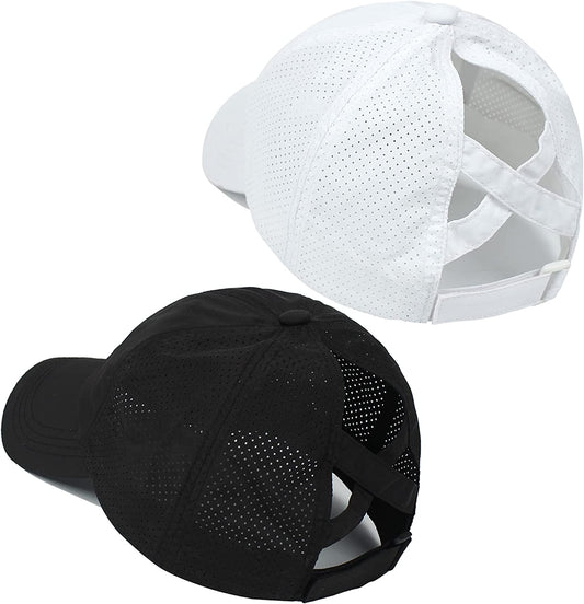 Muryobao 2 Packs Womens Criss Cross Ponytail Baseball Cap High Messy Bun Ponycap Quick Drying Mesh Outdoor Sports Travel Hat Apparel & Accessories > Clothing Accessories > Hats Muryobao Black & White  