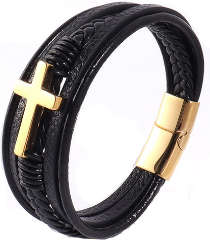 Stainless Steel Braided Leather Bracelet for Men Cuff Bangle Cross Magnetic Clasp 8.26 Inches Apparel & Accessories > Jewelry > Bracelets Generic 1-gold  