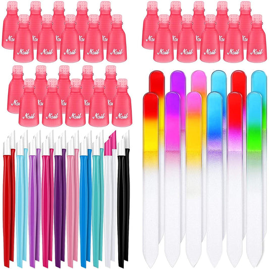 62 Pieces Glass Nail Files Plastic Handle Cuticle Pusher and Plastic Nail Polish Remover Clips Caps, Buffer Manicure Tools Rubber Handle Fingernail File Set (Solid Color, Purple,14 X 1.2 X 0.3 Cm) Health & Beauty > Personal Care > Cosmetics > Cosmetic Tools > Nail Tools Maitys   