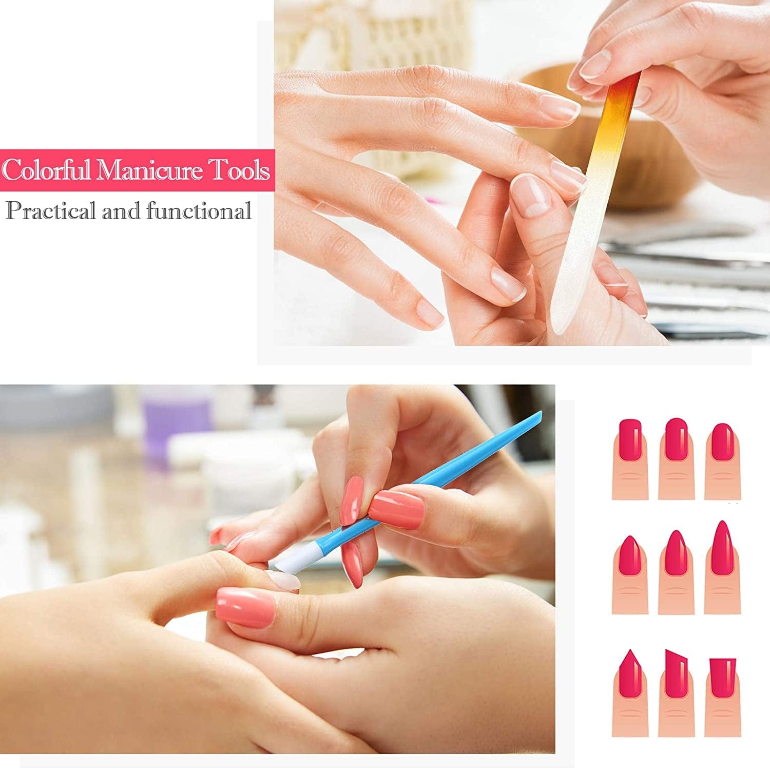 62 Pieces Glass Nail Files Plastic Handle Cuticle Pusher and Plastic Nail Polish Remover Clips Caps, Buffer Manicure Tools Rubber Handle Fingernail File Set (Solid Color, Purple,14 X 1.2 X 0.3 Cm) Health & Beauty > Personal Care > Cosmetics > Cosmetic Tools > Nail Tools Maitys   