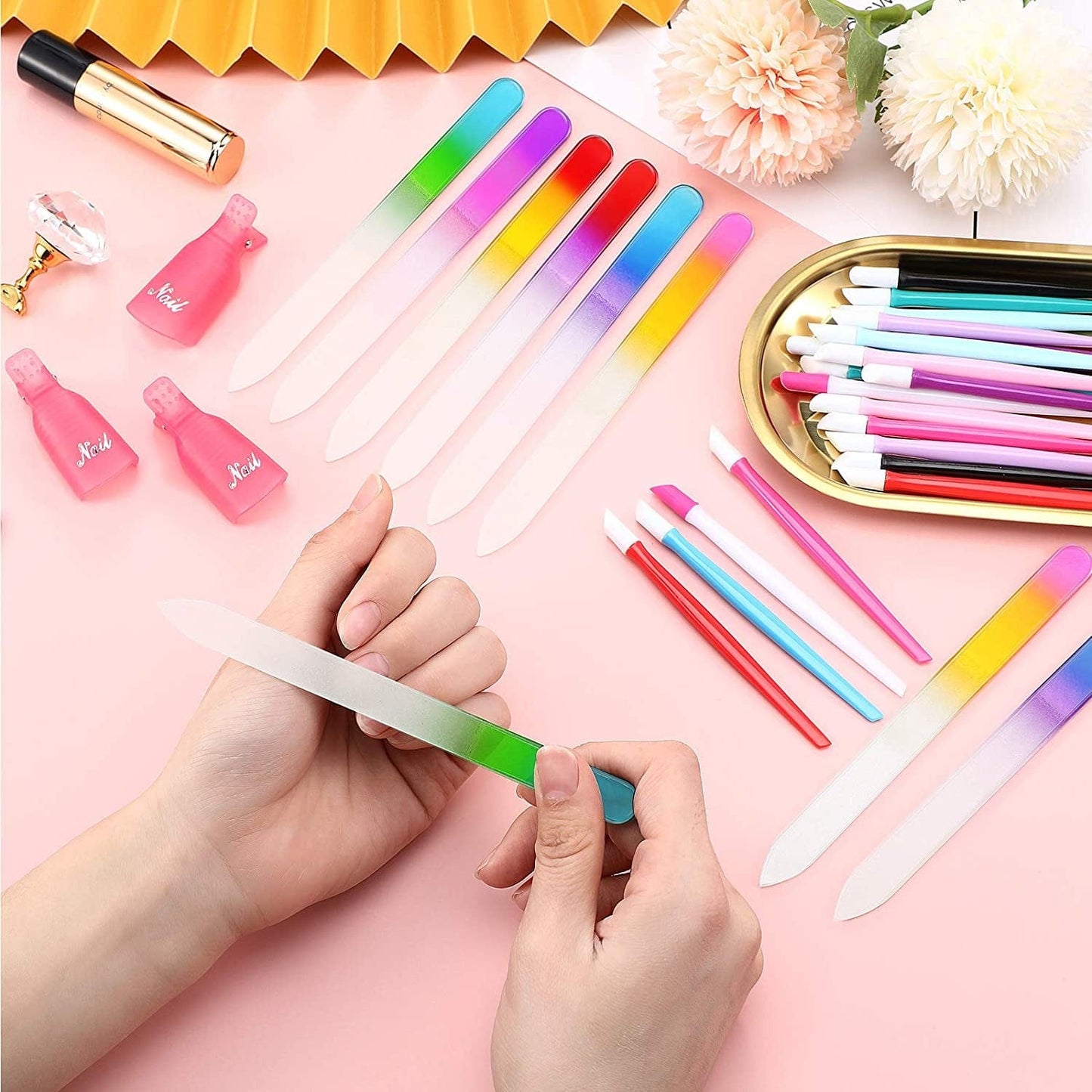 62 Pieces Glass Nail Files Plastic Handle Cuticle Pusher and Plastic Nail Polish Remover Clips Caps, Buffer Manicure Tools Rubber Handle Fingernail File Set (Solid Color, Purple,14 X 1.2 X 0.3 Cm) Health & Beauty > Personal Care > Cosmetics > Cosmetic Tools > Nail Tools Maitys   