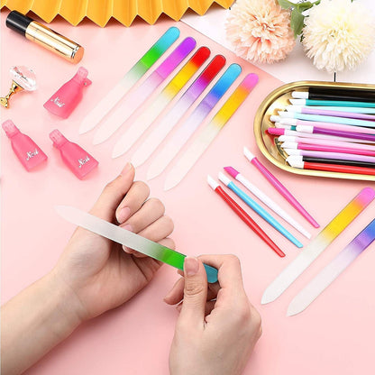 62 Pieces Glass Nail Files Plastic Handle Cuticle Pusher and Plastic Nail Polish Remover Clips Caps, Buffer Manicure Tools Rubber Handle Fingernail File Set (Solid Color, Purple,14 X 1.2 X 0.3 Cm) Health & Beauty > Personal Care > Cosmetics > Cosmetic Tools > Nail Tools Maitys   