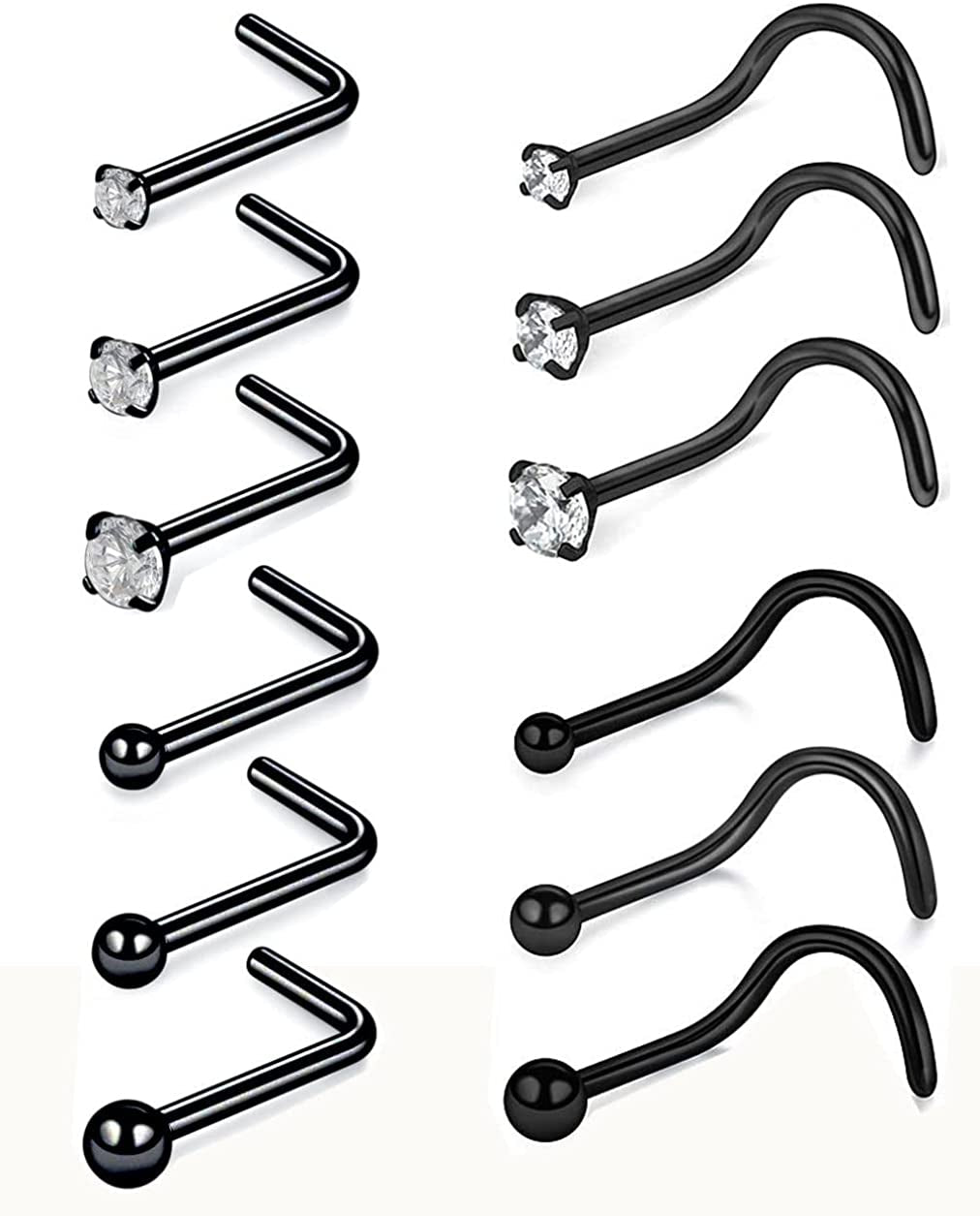 Nose Rings and Studs Set 20G Men Women,L Shape Nose Ring Studs and Screw Nostril Body Piercing Jewelry Set Hypoallergenic Surgical Steel(12Pcs,Size 1.5,2,3Mm) Apparel & Accessories > Jewelry > Body Jewelry Renkovte Black_12PCS 20G-7mm L shape&Screw Shape 1.5mm 2.0mm 3.0mm Ball&CZ Top 