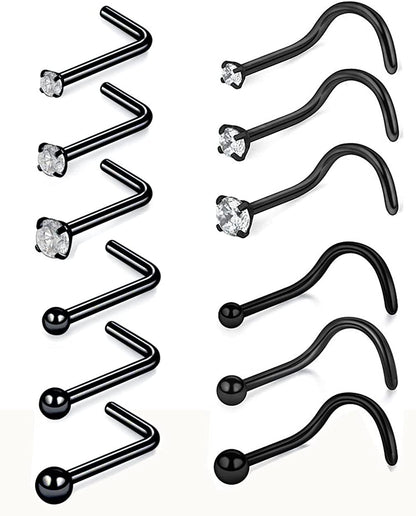Nose Rings and Studs Set 20G Men Women,L Shape Nose Ring Studs and Screw Nostril Body Piercing Jewelry Set Hypoallergenic Surgical Steel(12Pcs,Size 1.5,2,3Mm) Apparel & Accessories > Jewelry > Body Jewelry Renkovte Black_12PCS 20G-7mm L shape&Screw Shape 1.5mm 2.0mm 3.0mm Ball&CZ Top 