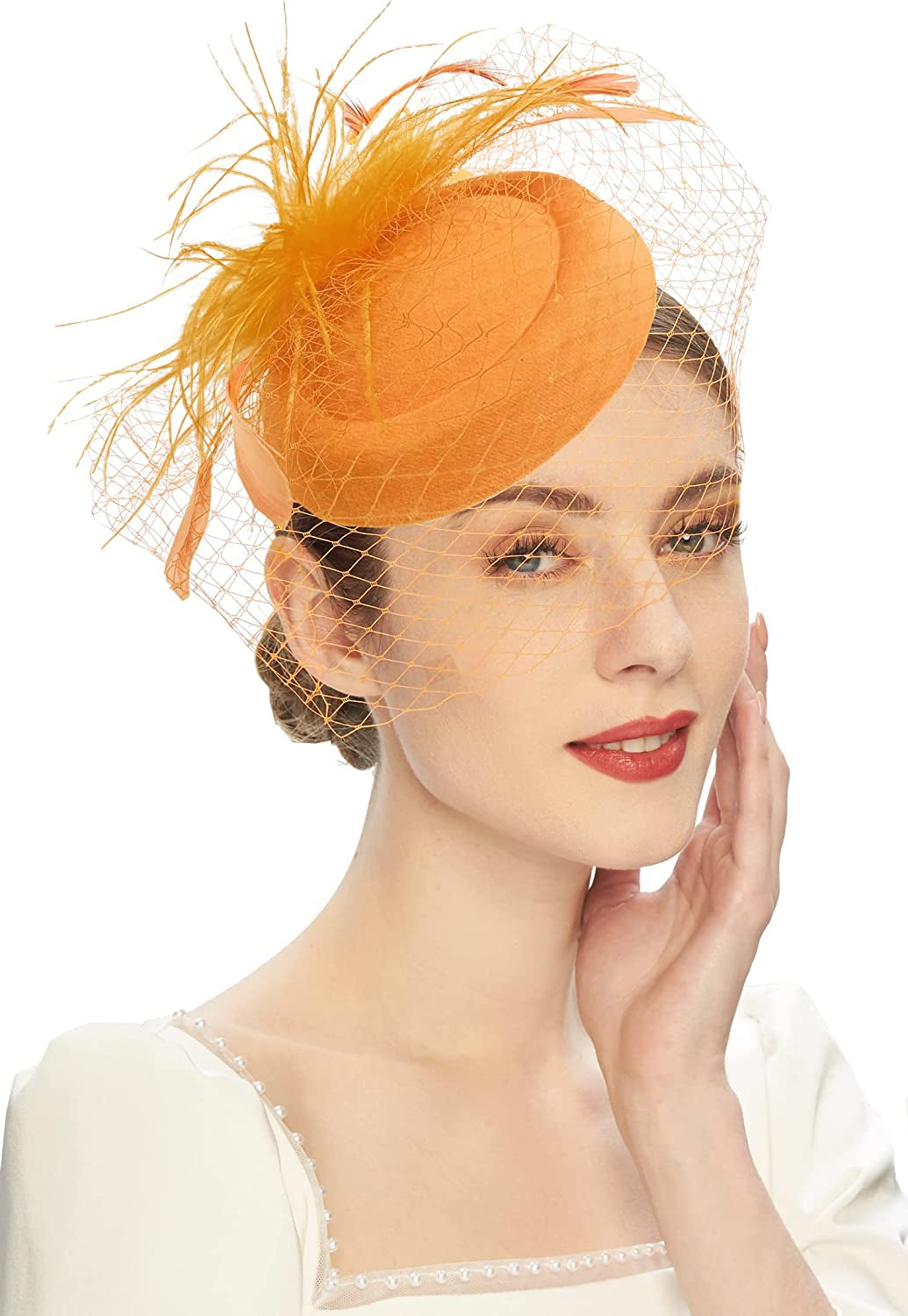 Fascinators Hats 20S 50S Hat Pillbox Hat Cocktail Tea Party Headwear with Veil for Girls and Women Apparel & Accessories > Clothing Accessories > Headwear Cizoe B-orange  