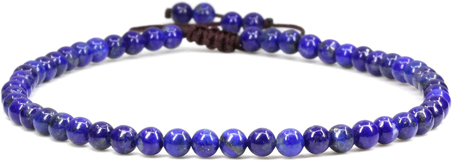 Keleny Natural Gemstone 4Mm round Bead Charm Stretch Anklet for Women Brown Rope Adjustable 8.6-11 Inch Apparel & Accessories > Jewelry > Anklets Kelenystones Blue Lapis  
