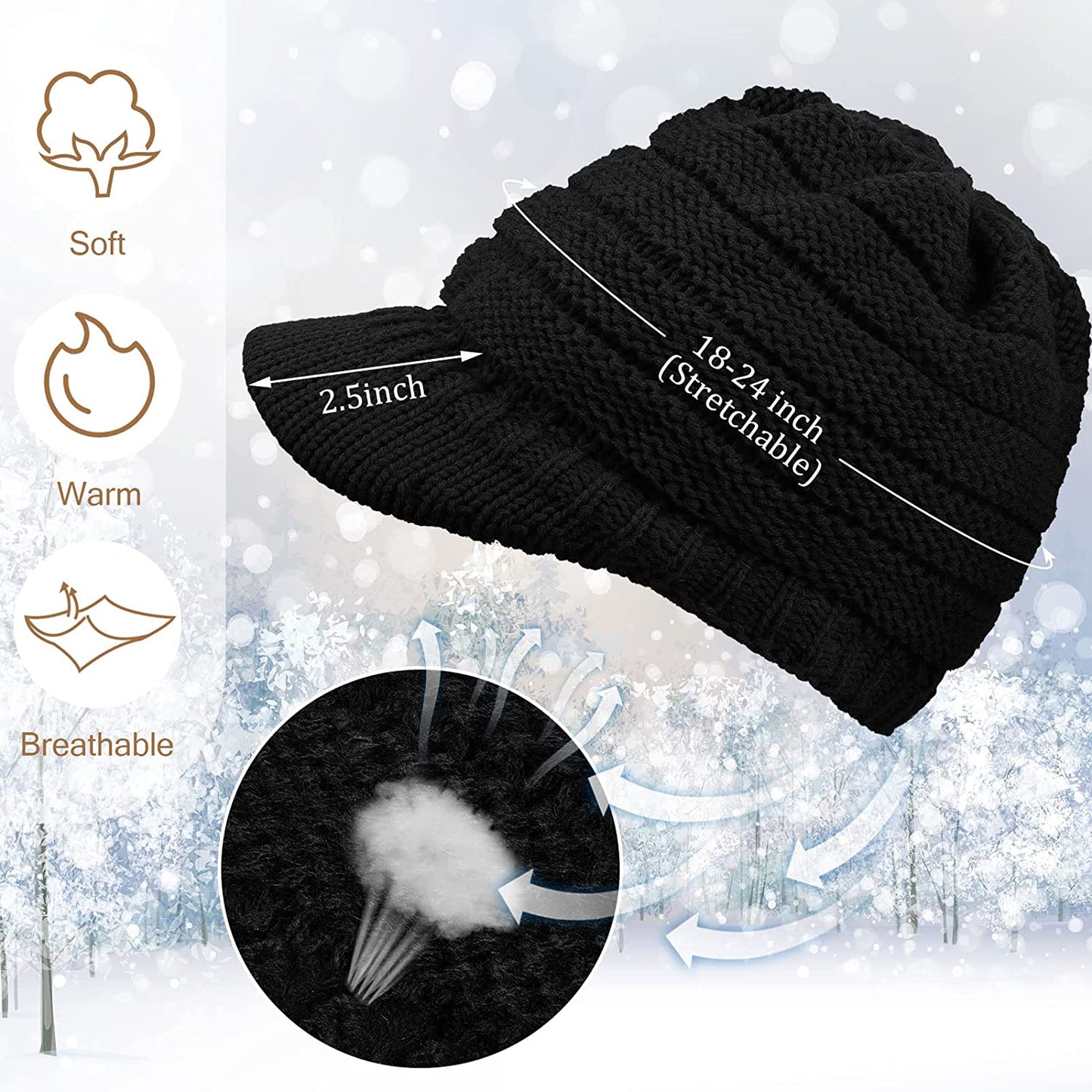 SATINIOR Women Winter Knit Hat Winter Brim Beanie Hats for Women Slouchy Beanie Cap with Visor Warm Newsboy Skull Cap Apparel & Accessories > Clothing Accessories > Hats SATINIOR   