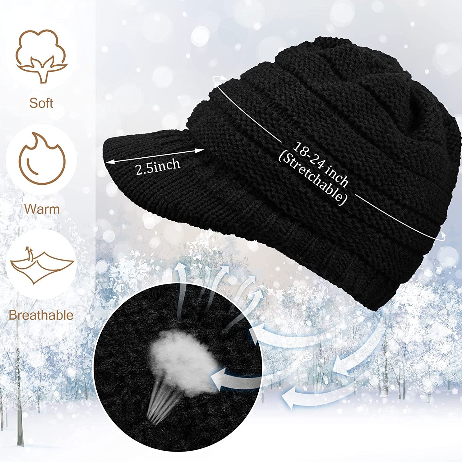 SATINIOR Women Winter Knit Hat Winter Brim Beanie Hats for Women Slouchy Beanie Cap with Visor Warm Newsboy Skull Cap Apparel & Accessories > Clothing Accessories > Hats SATINIOR   