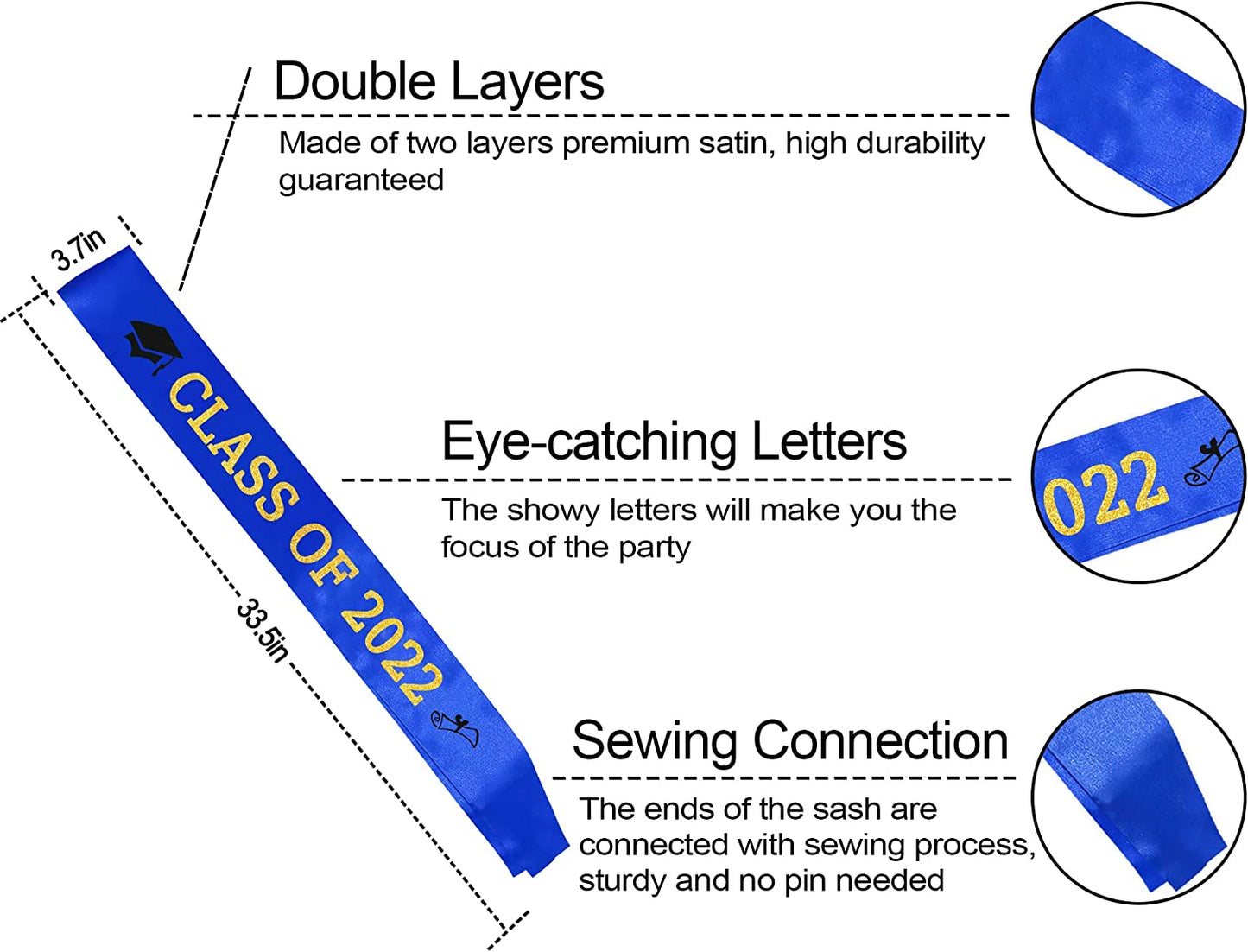 Blue “Class of 2022” Graduation Sash | Gold Glitter Letter Graduate Satin Sash | Funny Graduation Gifts for Boy or Girl| 2022 Graduation Celebration Party Supplies Apparel & Accessories > Clothing Accessories > Sashes Partyprops   