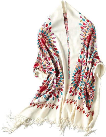 Women'S Embroidered Oversize Tassel Shawl Scarf Wraps for Women Apparel & Accessories > Clothing Accessories > Scarves & Shawls Urban CoCo Beige  