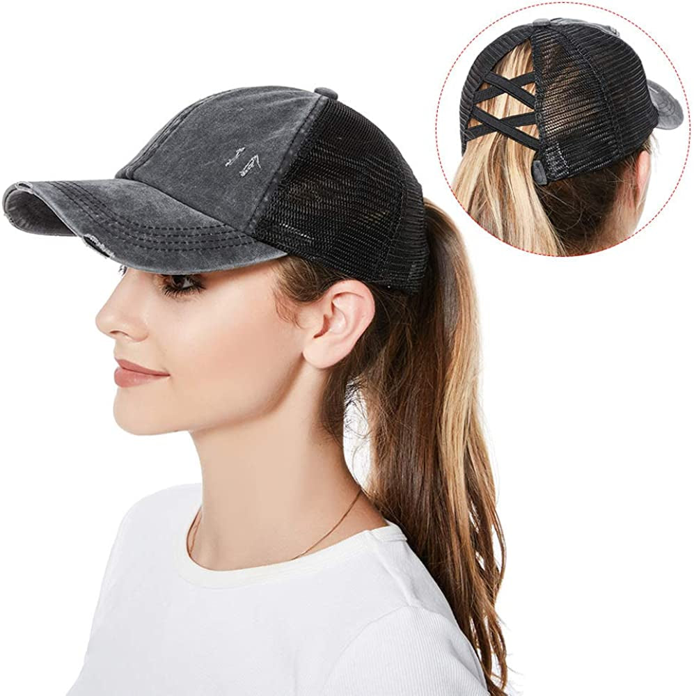 Criss Cross Ponytail Hat Washed Distressed Women Mesh Baseball Caps Messy Bun Ponycaps Apparel & Accessories > Clothing Accessories > Hats Didida   