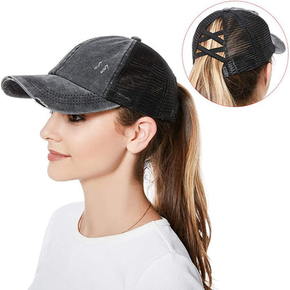 Criss Cross Ponytail Hat Washed Distressed Women Mesh Baseball Caps Messy Bun Ponycaps Apparel & Accessories > Clothing Accessories > Hats Didida   
